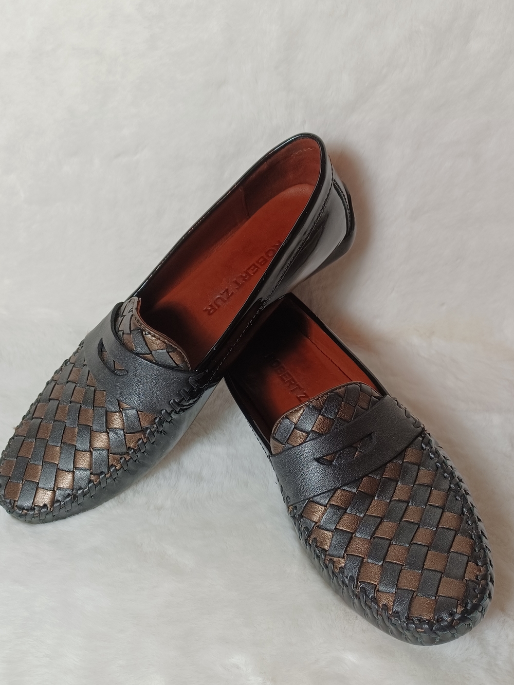 Robert Zur Black and Copper Woven Leather Slip-On Loafers